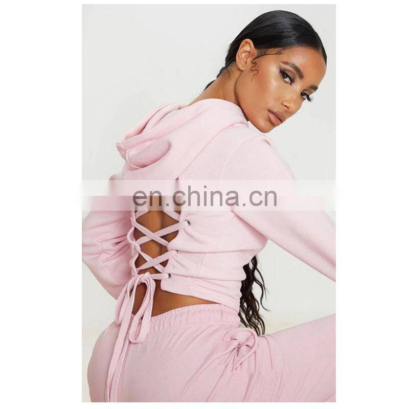 Wholesale custom spring and autumn new lace-up hollow cropped hooded sweater