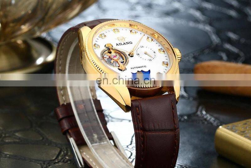 AILANG 8503G Luxury Hardlex Diamond Watch Automatic Mechanical Leather Band Wristwatch Diamond Decoration Men Watch