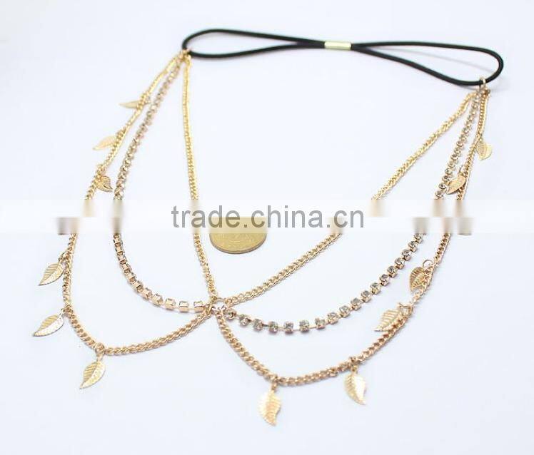 Lady's Fashion Metal Chain Jewelry Layer Leave Tassel Hair Band Europe and America Hot Selling