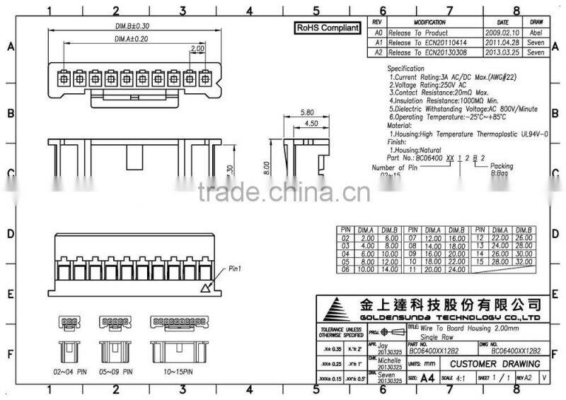 2mm Pitch Wire to Board Crimp 3 Pin Connector Housing 2 ~ 15 Pin Available