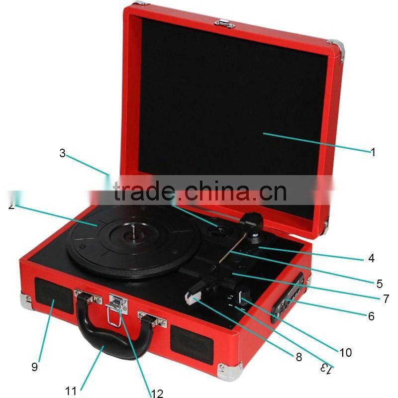 2016 Popular PU suitcase record player with Bluetooth USB SD AUX Vinly player