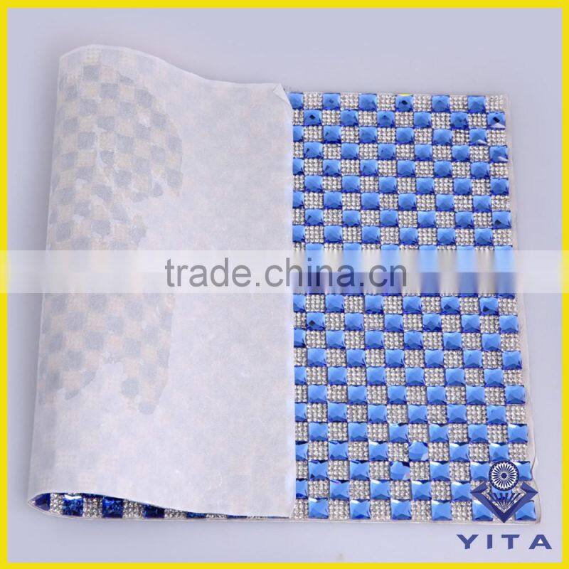 New fashion blue hot fix 8*8 glass crystal rhinestone sheet for bags