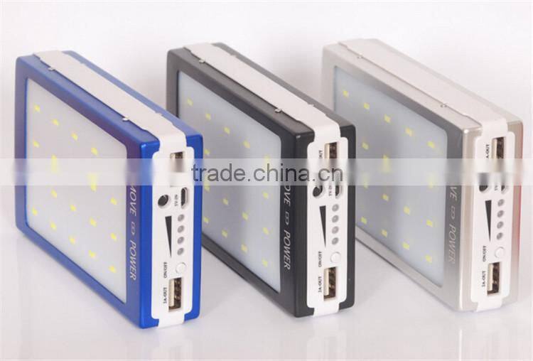 High quality Universal solar power 6000mah usb power bank with led light