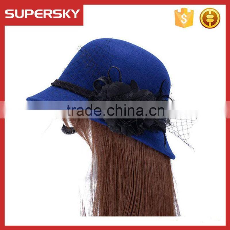 K-108 ladies formal hats with flower charm band wool felt bucket high quality women lace trim homburg