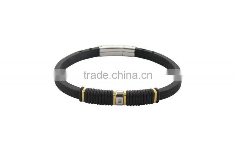 wave genuine leather bracelet with stainless steel can be adjust clasp CNC black CZ