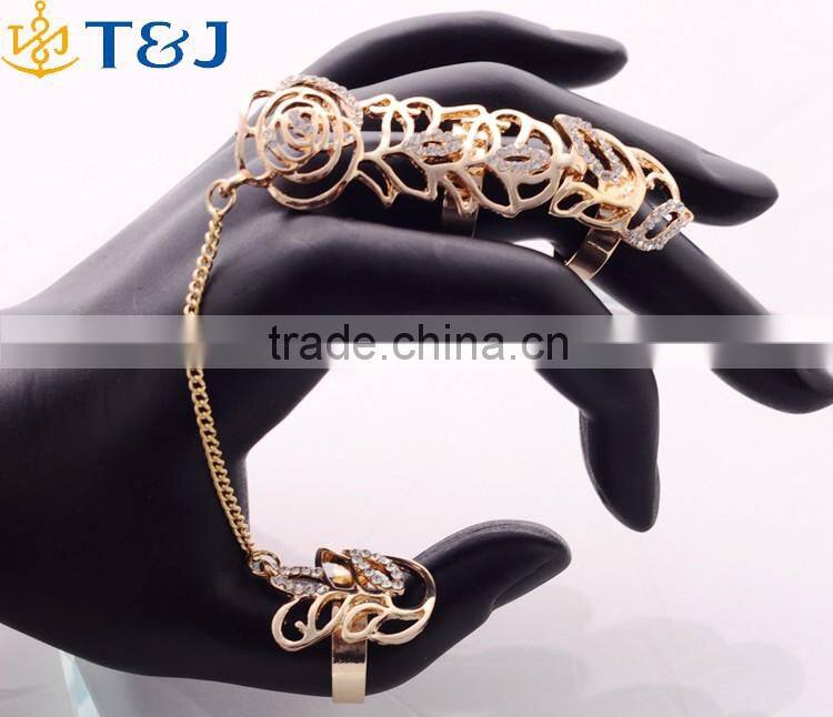 >>>2016 YIWU T&J New European style Vintage Punk Rings For Women Men Gold Plated rhinestone double finger chain Ring Sets/