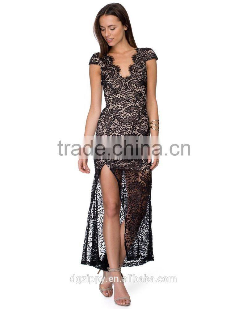 2016 Women lace design all night dance dress/Side split latest night dress/Ladies western style prom dress