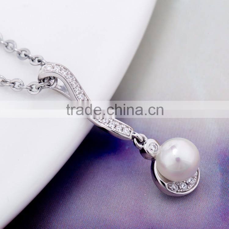 Simple Design 925 Silver Pearl Dangling Pendant Necklace for Party & Wedding
