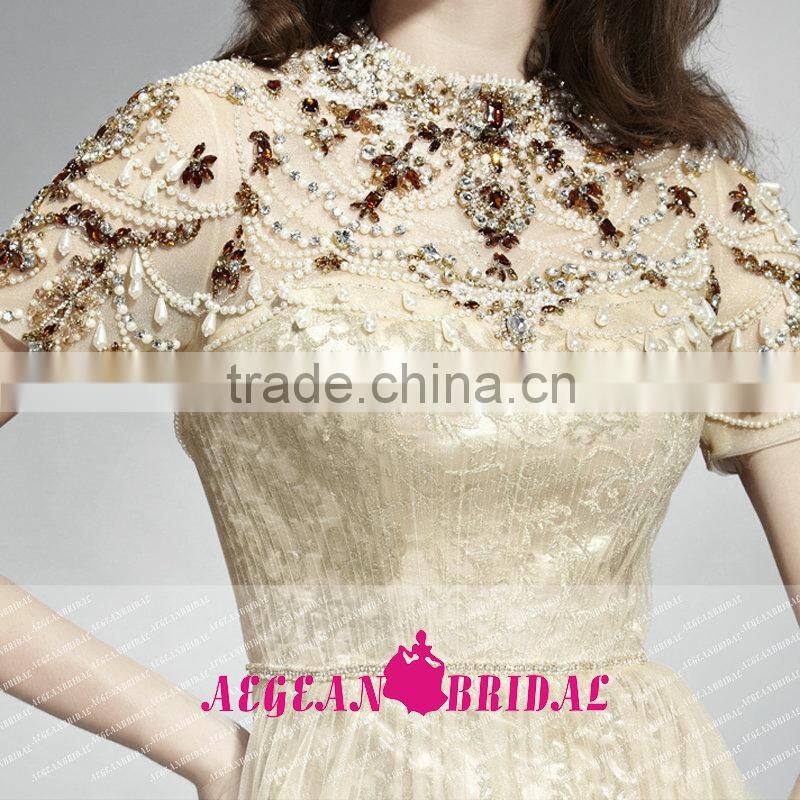 HT74 NEW Fashion Elegant High Neck Short Sleeve Prom Dresses Beaded Crystal A-line Floor Length Vestido Longo Azul