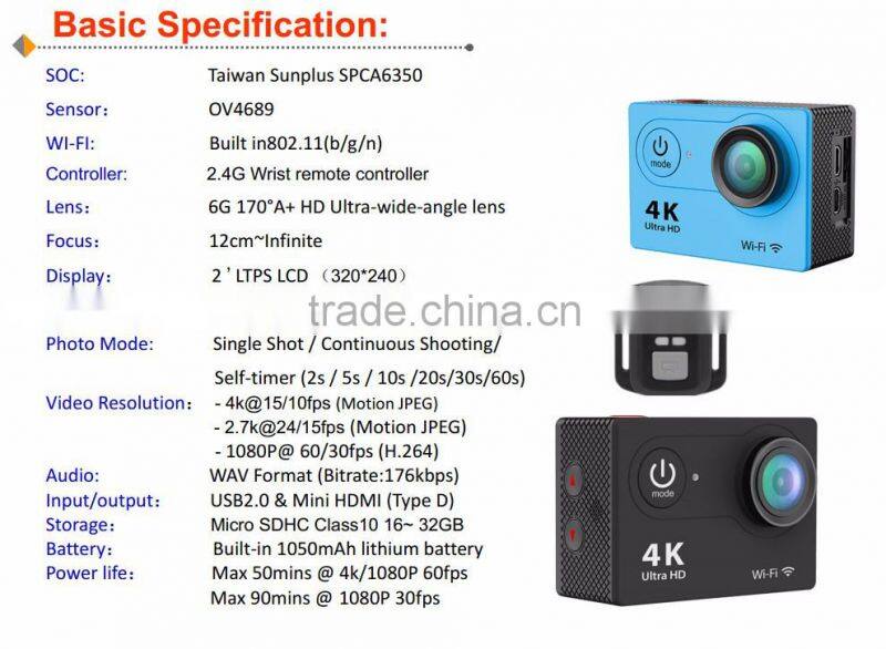 EKEN H9R 170 Degree Wide Angle 4K Ultra HD WiFi Action Camera Sport Cam 2.0 inch Screen with 2.4G Remote Controller