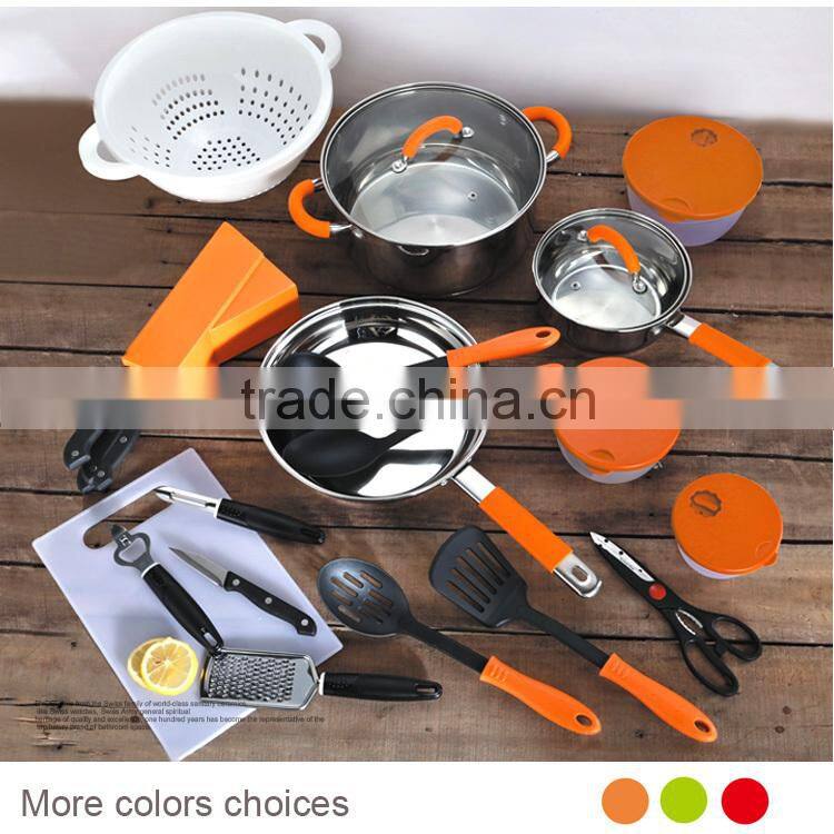24pcs stainless steel with silicone handle kitchen set/home kitchen pan sets