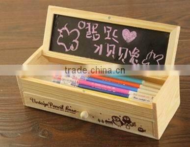 Cute Vintage Wooden Boxes Stationery Bag Double Drawer School Pen/Wooden DIY pencil box with small blackboard and drawer
