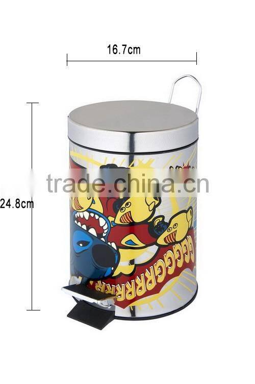 Round Surface Printing Stainless Steel Step Trash Can
