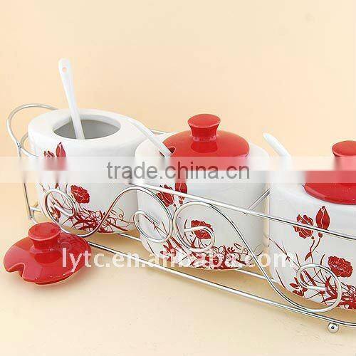 stoneware ceramic canister set with iron rack