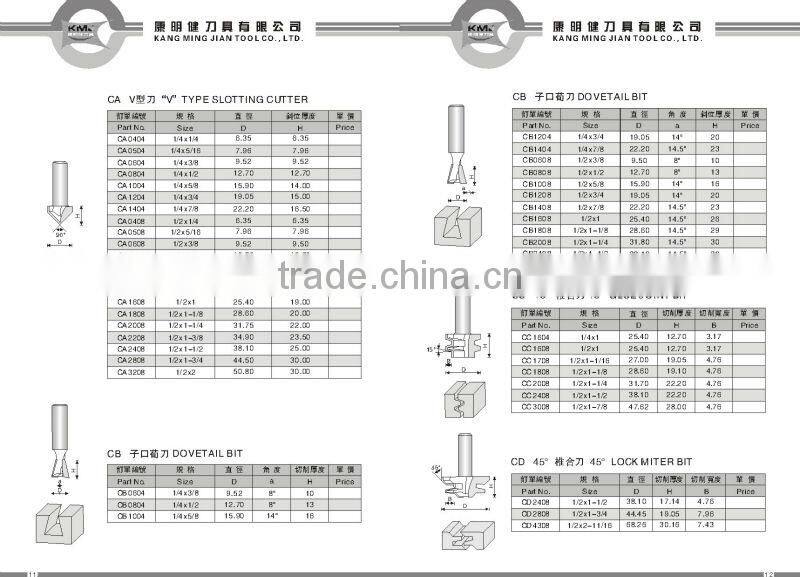 KMJ-0068 solide carbide woodworking cutter with bearing, carbide hinge mortising router bit