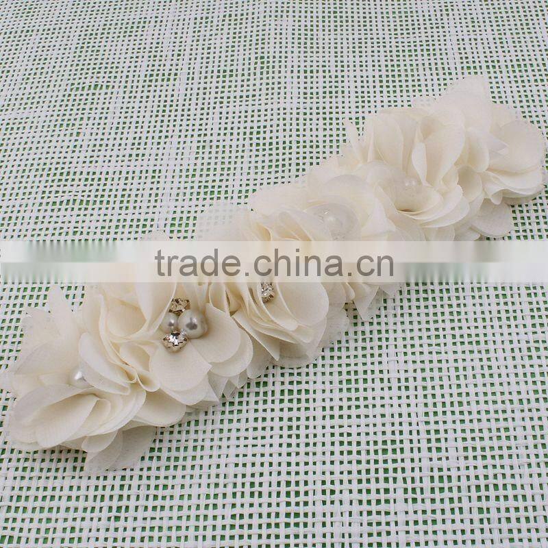 handmade chiffon flower headband with pearl beads center for kids hair accessories for baby girl