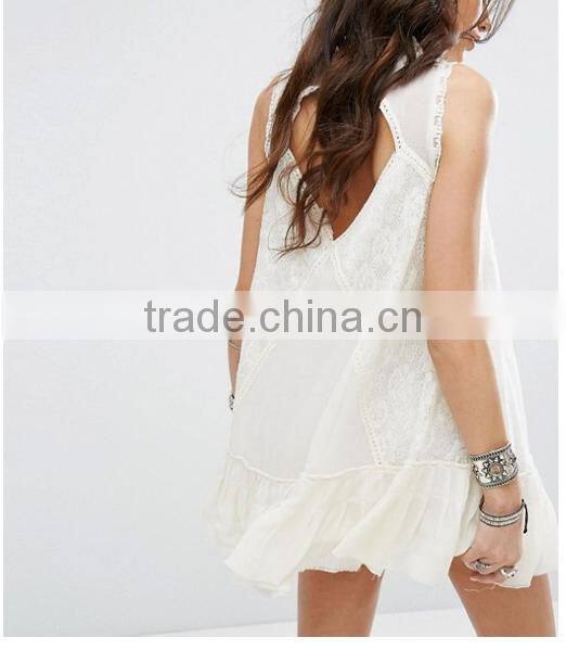 Women Summer Bohemian Casual Wear, Swing Style Ivory Top Woven Lace Cotton Mini Dress