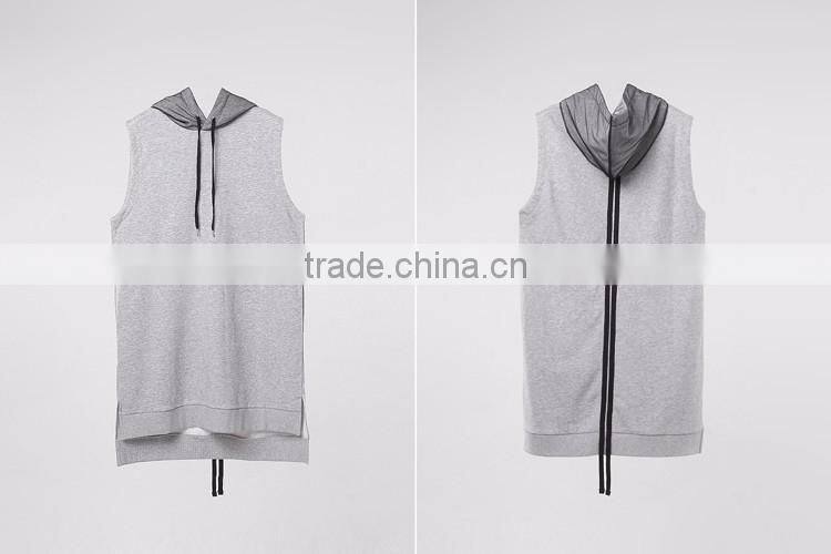 blank 100% cotton plain women's custom sleeveless cowl neck soft zip up long fit hoodie pullover gym factory hooded sweatshirt