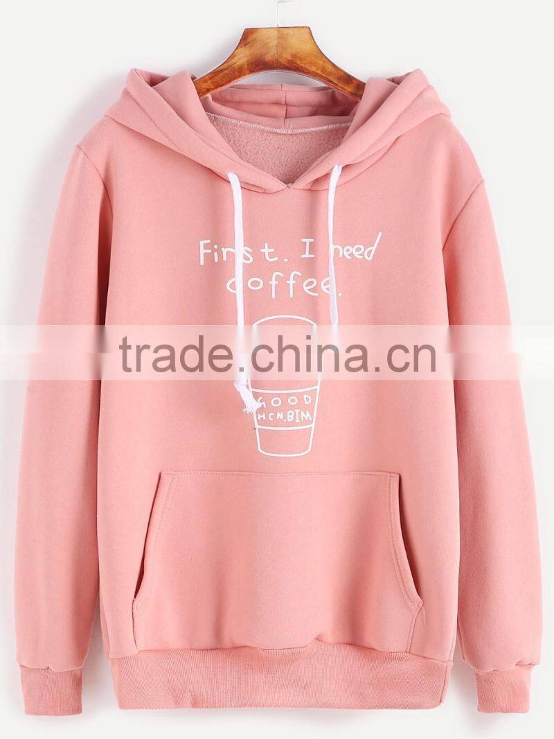 Top Quality Pink 100% Cotton Fleece Ladies Pullover Hoodie Jacket Custom Printed Drawstring Hooded Sweatshirt With Pocket