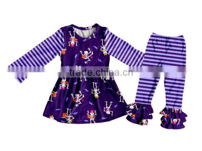 Wholesale fall winter print halloween clothing triple ruffle baby clothes clothing set