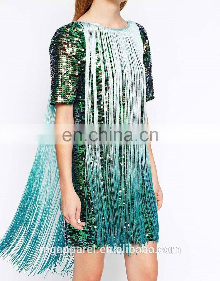 new fashion ladies short sleeves sexy low v-back t-shirt sequin embellished fringe party dress