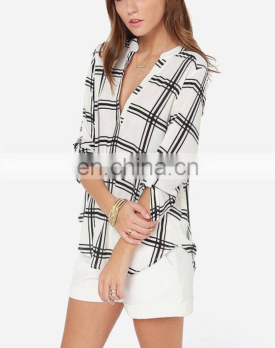 CHEFON Roll tab half sleeve deep v neck plaid print fashion patterns of chiffon blouses