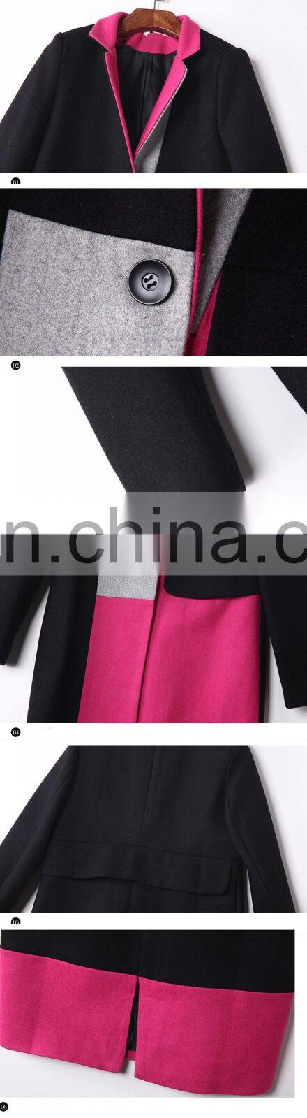 2015 Fashion long pink wool coats ladies single breasted winter coat