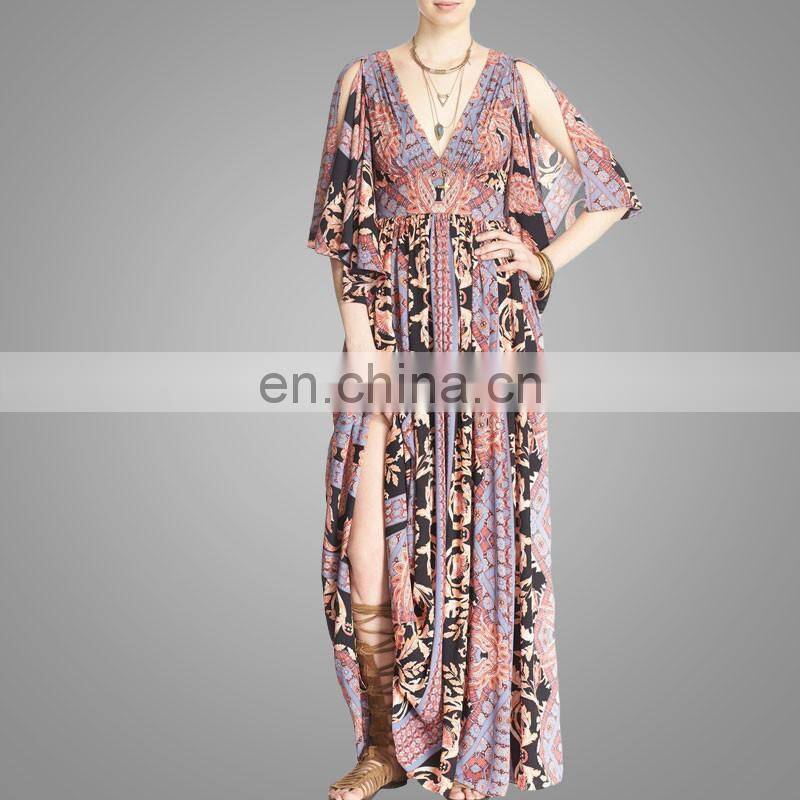 V neck african printed chiffon maxi dress 2016 new style women plus size dresses