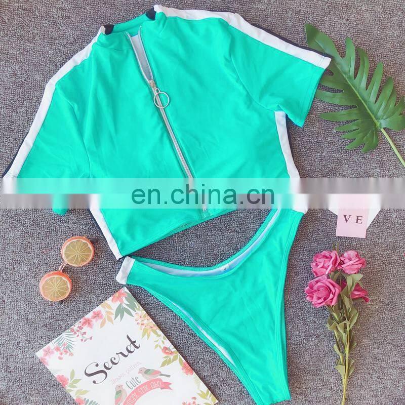 Seven-colour 2019 new high waist bikini deep v blue bikini zipper short sleeve women split 2 piece swimsuit fitness women A135