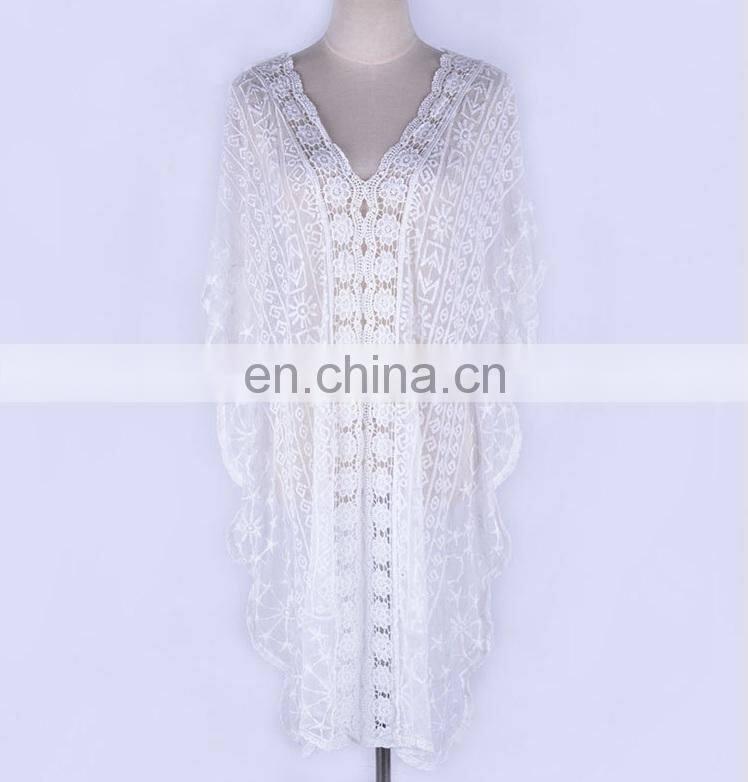 2019 Sexy See Through V-Neck Bats Sleeve V Back Loose Summer Beach Dress Lace Tunic Women Beachwear Plus Size Sarong Plage