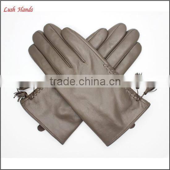 Grey sheep leather touch screen women leather gloves tasseled gloves fashion elements