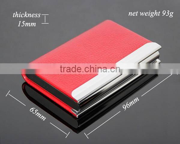 Lichee Pattern Red Leather Flannelette Lining Stainless Steel Promotional Metal Leather Credit Card Holders