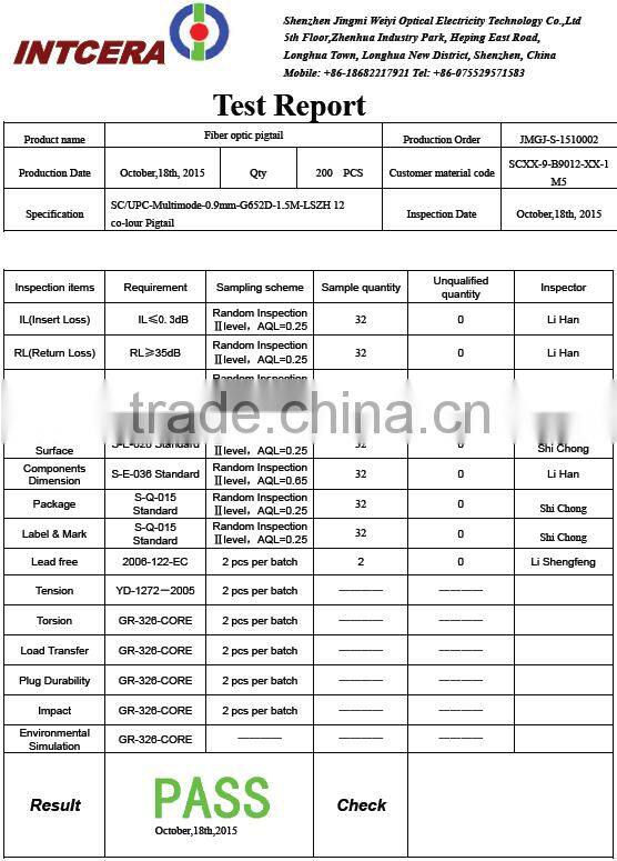 SC/UPC fiber optic pigtail sets SC singlmode 9/125 0.9mm 12 color fiber optic pigtails
