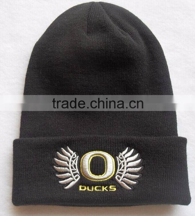 Girls Black Custom Knitted Beanie Winter Hat with White Embroidered Logo