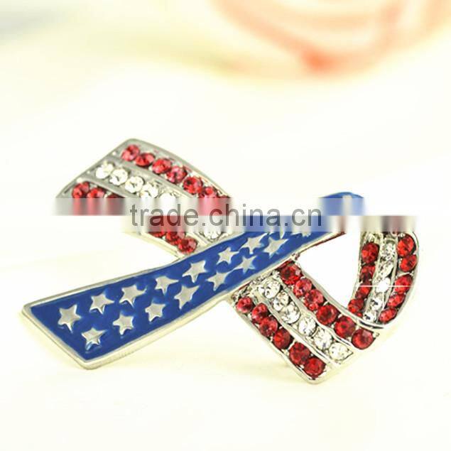 Fashionable shinning diamond red ribbon brooch 2014