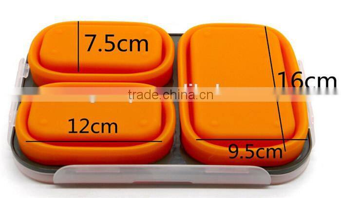 Silicone Lunch Box Bento Box,Collapsible BPA-Free Silicone Lunch Box with 3 Compartments and Cutlery - Orange
