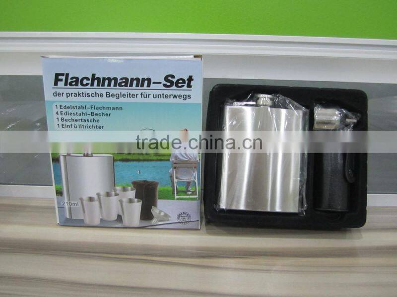 7oz hip flask set with 4pcs cup in leather bag and large funnel in gift paper box