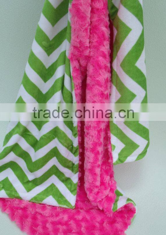 Personalized Green Chevron With Hot Pink Swirl Minky Baby Minky Blanket