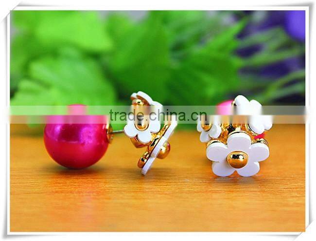 Korean Style Gold Plated Three Colorful Plastic Flower One Big Color Plated Pearl Double Side Stud Earring For Party Lady