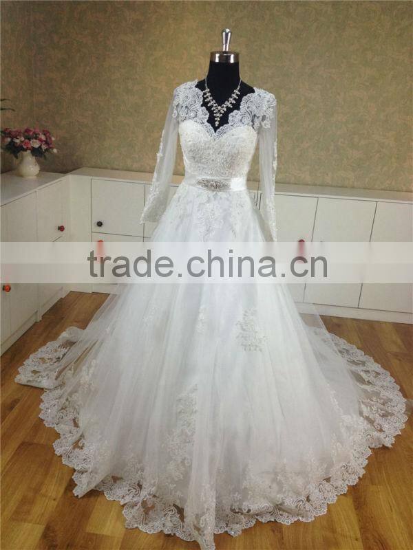elegant V neck long sleeve lace muslim wedding dress with crystal belt