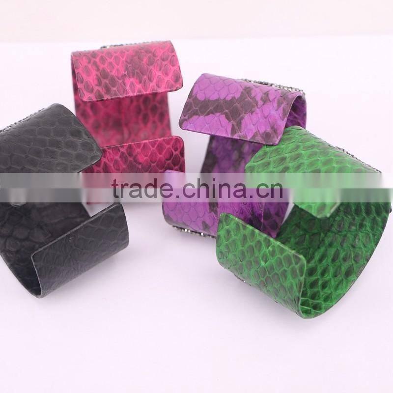 Natural Labradorite Amazon Turquoise Amethyst Gem Stone Bangle, Snakeskin Wrap Pave Crystal Leather 40mm Cuff Bangles