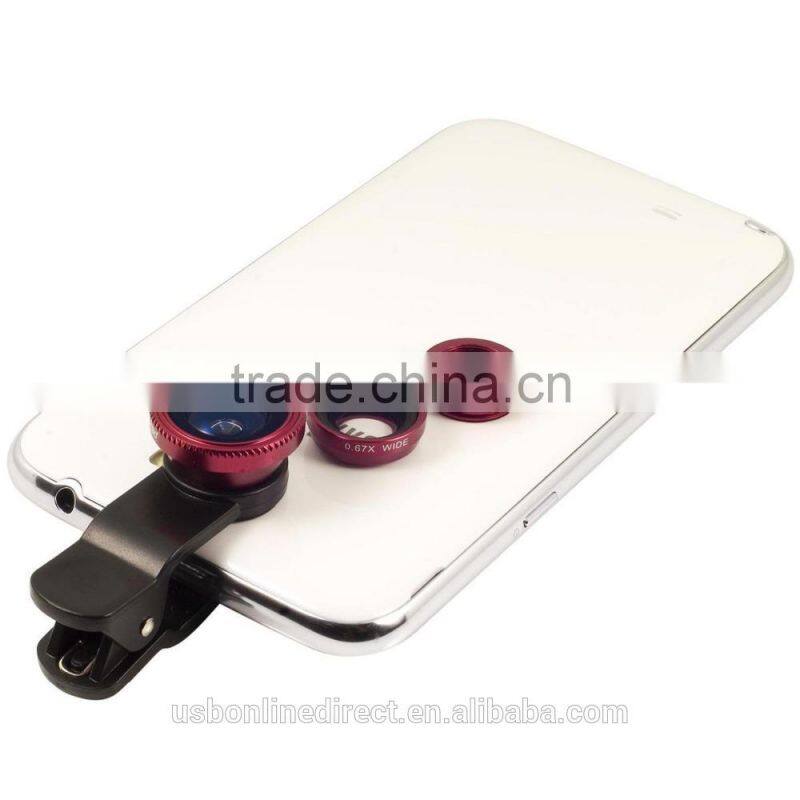 Fashionable 3 in 1 clip-on camera adapter optical microspur fisheye wideangle lense for mobile phone