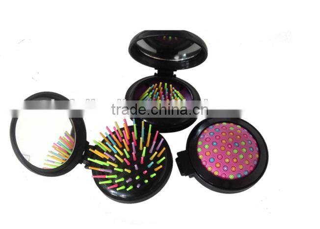 High quality round plastic foldable pocket compact decorative mirror with hair brush