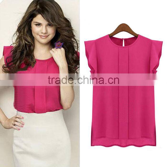 Hot cheap clothes china Womens Summer Casual Clothing Loose Short Tulip Sleeve Chiffon Blouse Shirt Tops