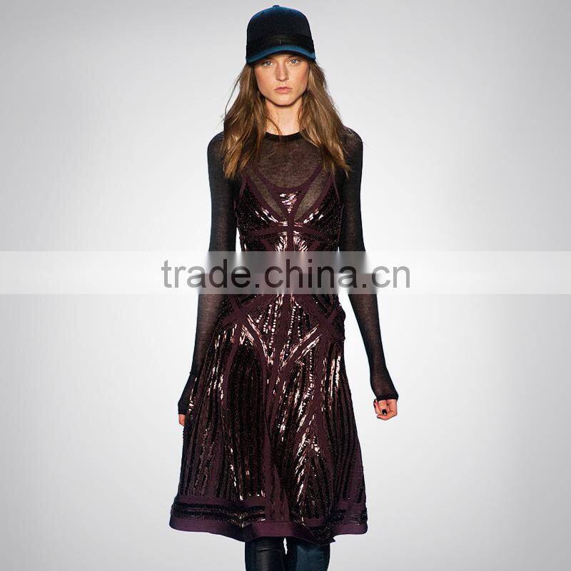 2015 High quality Round neck Long sleeve Knee length Celebrated dress with Mesh