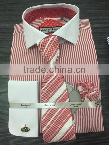 Stock USA Men Oxford Stripes Dress Shirt with Tie/Hankie/Cufflinks
