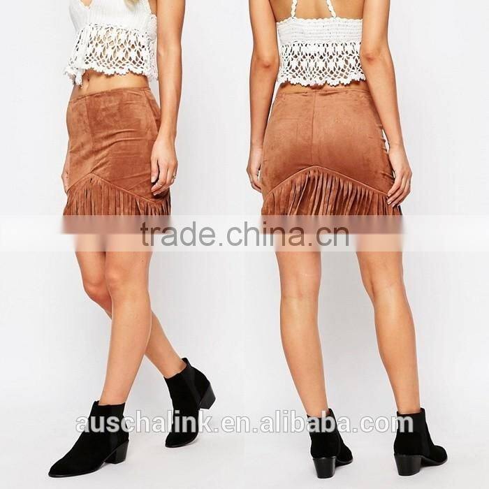 high rise nice design women slim fit fringe brown suede skirt