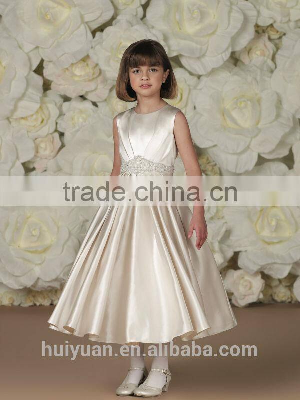 new high quality round neck off shoulder satin long children's dress