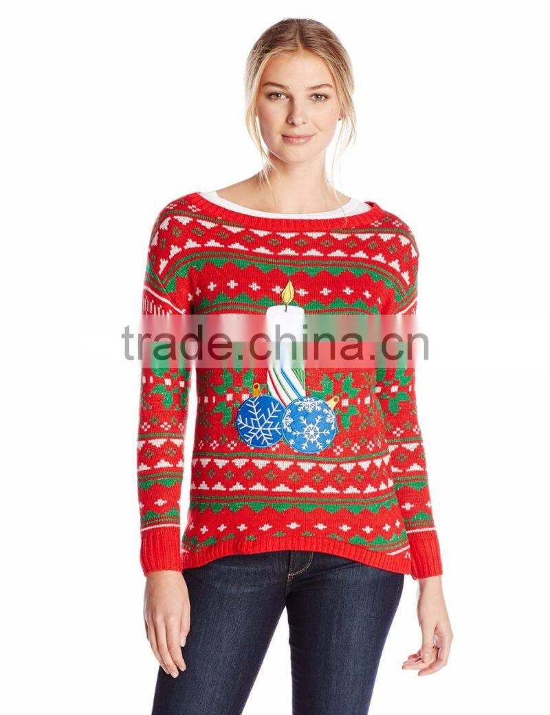 Women Red Sweater Candle Pattern Christmas Sweaters Ladies