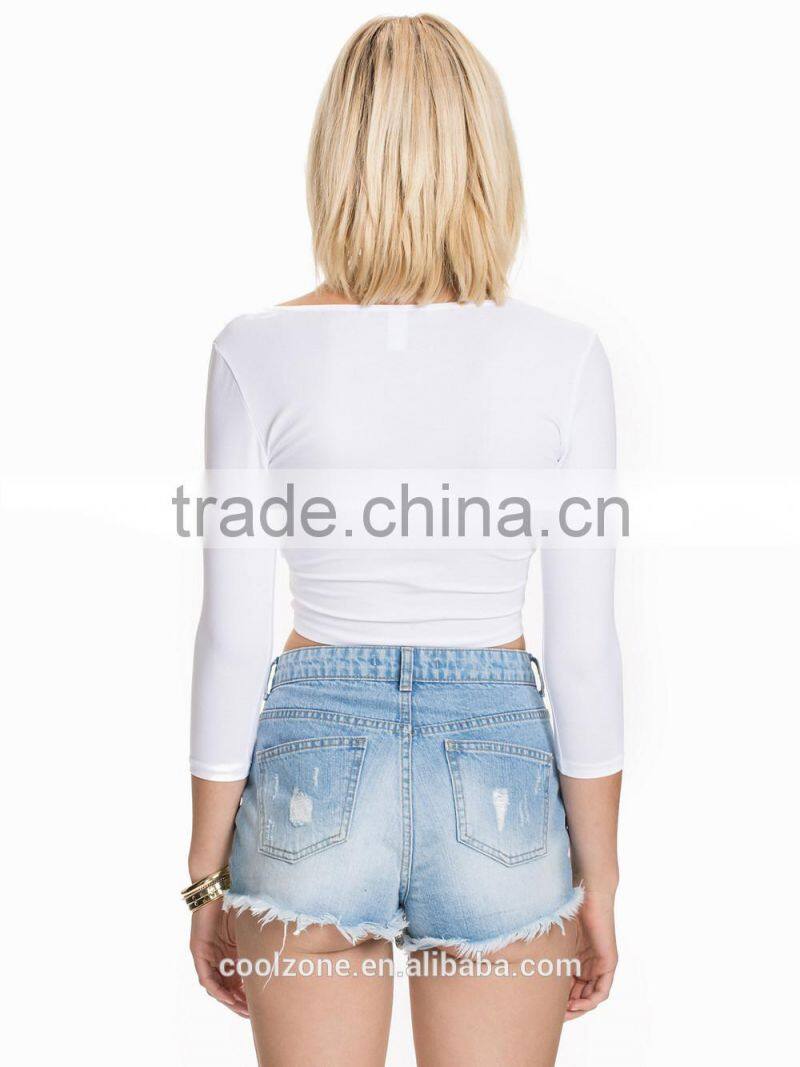 Latest new design v neck crop top plain wholesale long sleeve women crop top